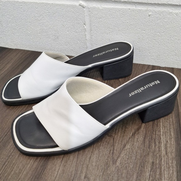 Naturalizer Spangle White Black Leather Square Toe Block Heel Slide Sandals 9.5M - Picture 2 of 7